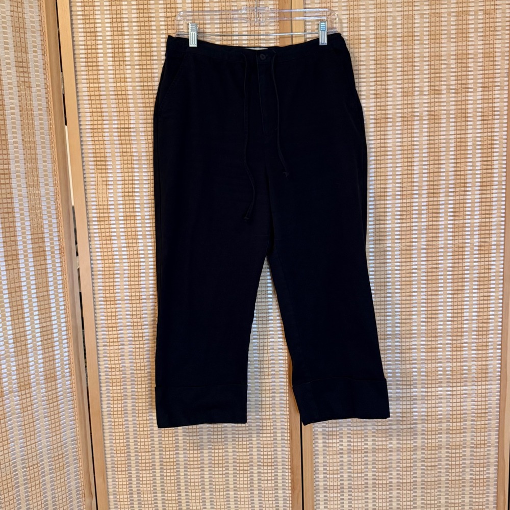 Que Pasa Black Cotton Twill Cropped Wide Leg Pants Drawstring Waist Womens 14